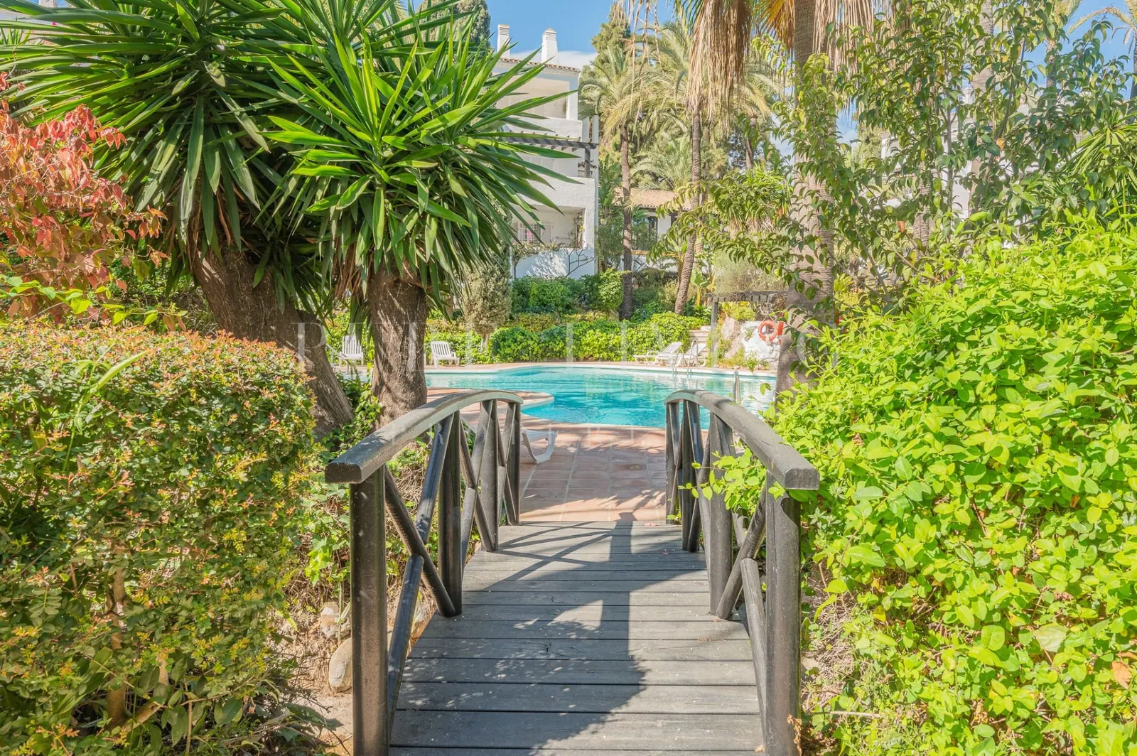 Pasarela de madera entre plantas hacia la piscina